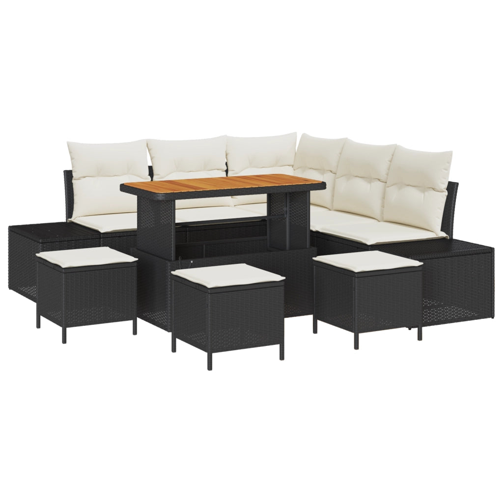 Set di Divano da Giardino  9 Pezzi con Cuscini Nero Polyrattan Acacia