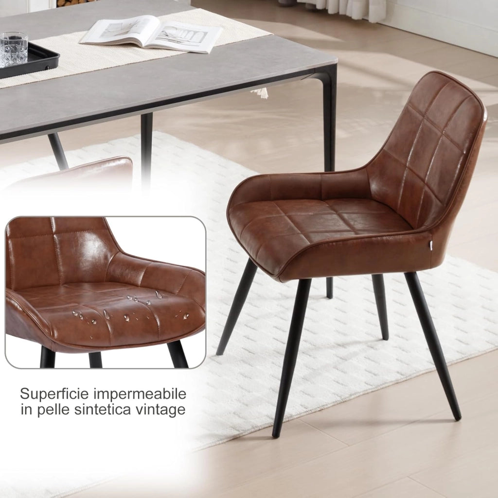 Set di 6 Sedie da Pranzo con Schienale Curvo, Sedie Ergonomiche in similpelle e Metallo, Poltroncina imbottita per Salotto, Ufficio, Camera da Letto, marrone BH332br-6
