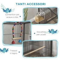 Gabbia per Uccelli in Acciaio e PP con 5 Porte, 2 Posatoi e Vassoio Estraibile, 48x46x74 cm, Grigio