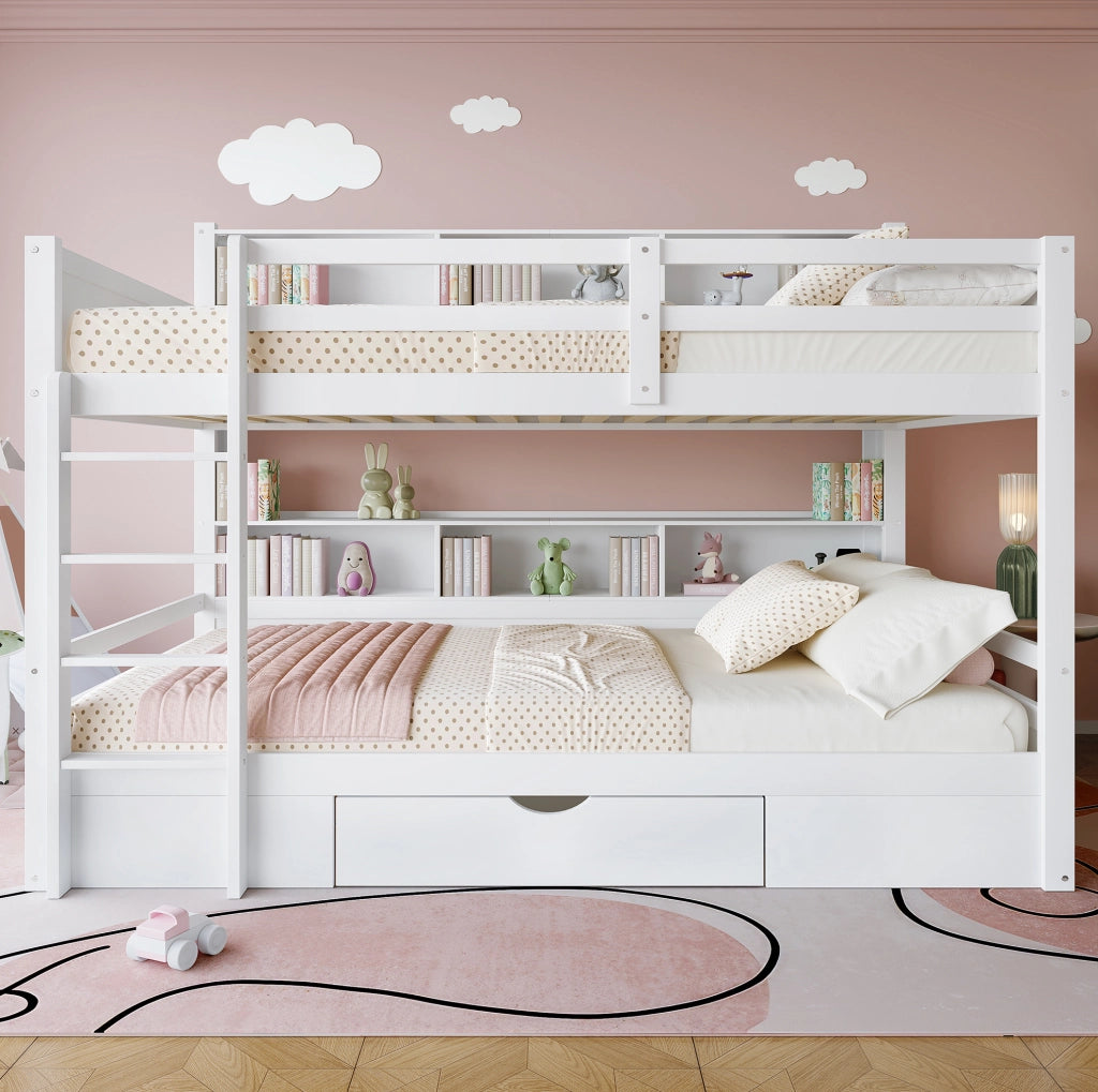 Letto a castello 90x200 cm con cassetto e vani portaoggetti; pino e MDF