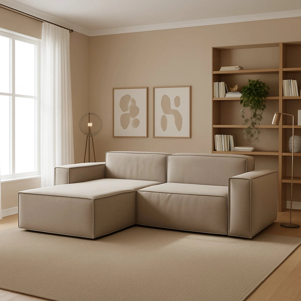 Divano fisso Alhoa, Divano componibile a 2 posti con penisola sinistra, Made in Italy, SofÒ  moderno in tessuto, Cm 220x170h70, Tortora