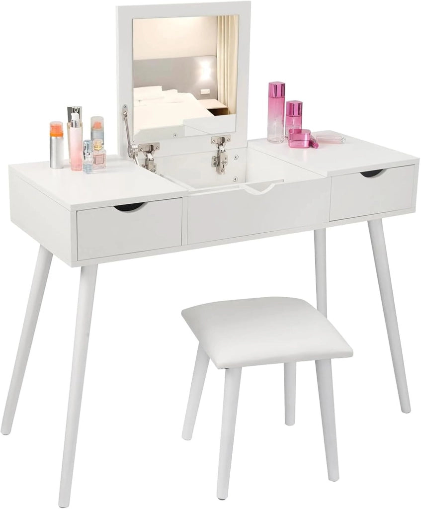 EUGAD Toeletta da Trucco con Specchio Pieghevole, Tavolo da Toeletta con Sgabello ben Imbottito, Scrivania con 2 Cassetti, Moderno, Legno, Bianco, 100x40x75 cm