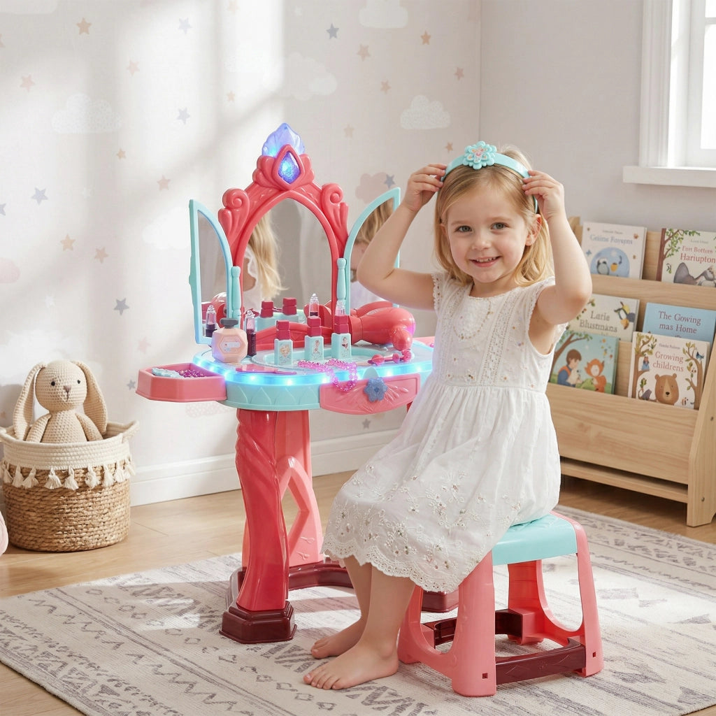 Tavolino trucco per bambine con sgabello, specchio e luci ¨C zephmum ¨C multicolore, PP e GPPS, 57x34x76 cm