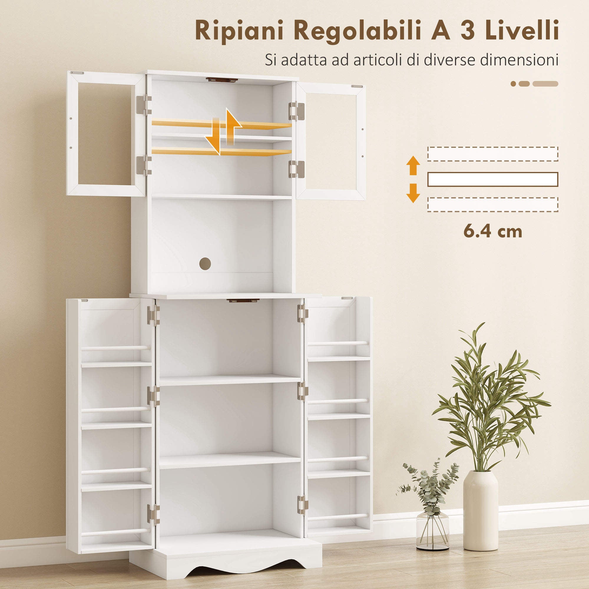 Mobile Dispensa Cucina 60x39,5x179,6 cm con 2 Armadietti e 8 Ripiani in Legno e Acrilico Bianco