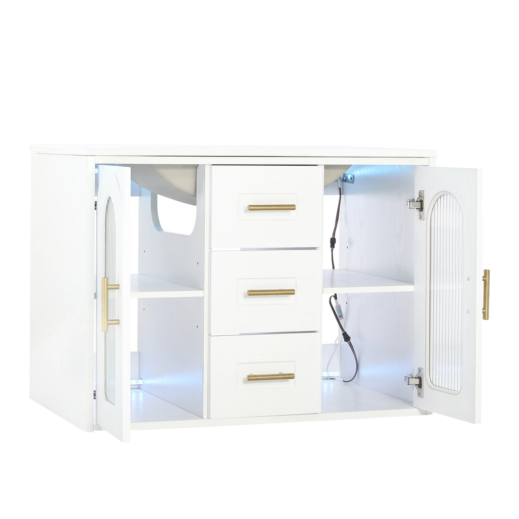 Mobile sottolavabo sospeso con lavabo in MDF e vetro LED, 2 cassetti, ripiani regolabili, bianco 76 × 46 × 55 cm