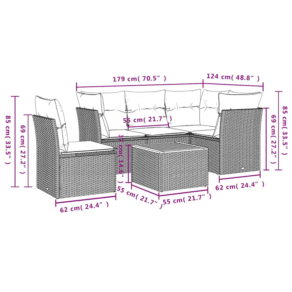 Set Divani da Giardino 6 pz con Cuscini Grigio in Polyrattan