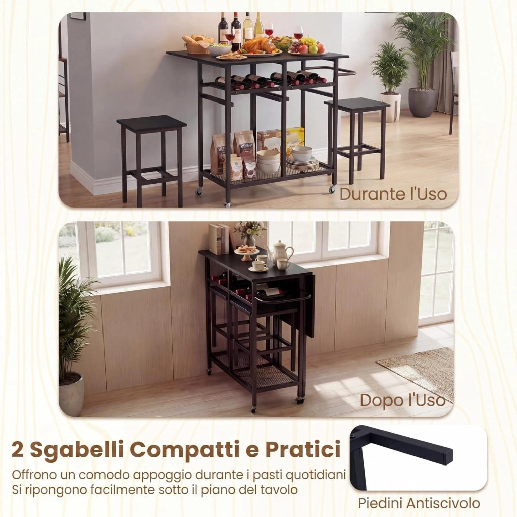 Set Tavolo da Pranzo Pieghevole 3 Pezzi, Tavolo Salvaspazio Estendibile con 2 Sgabelli con Ruote, Portabottiglie da 6 Posti, Ripiani e Maniglia Laterale per Cucina (Nero,Modello 2)