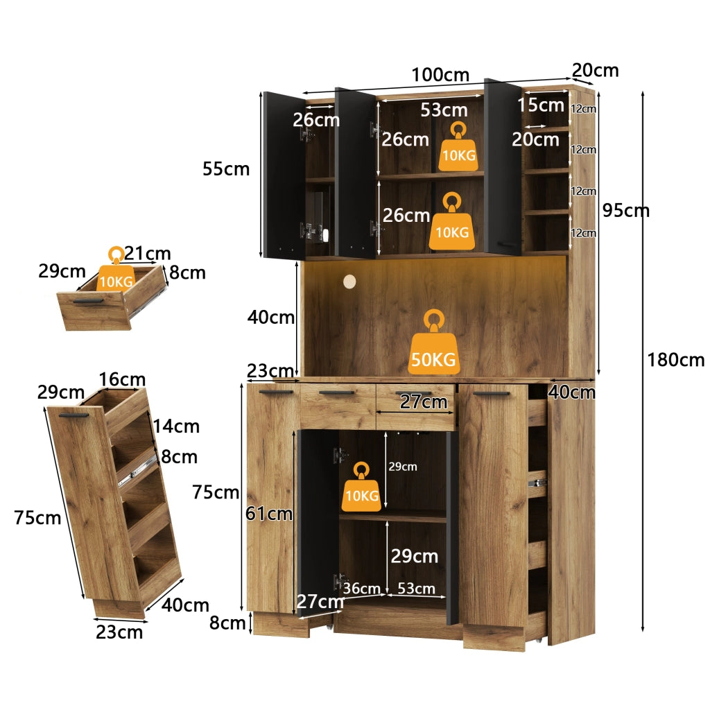 Credenza alta multifunzione con LED, prese e vani portaoggetti, 100 × 40 × 180 cm