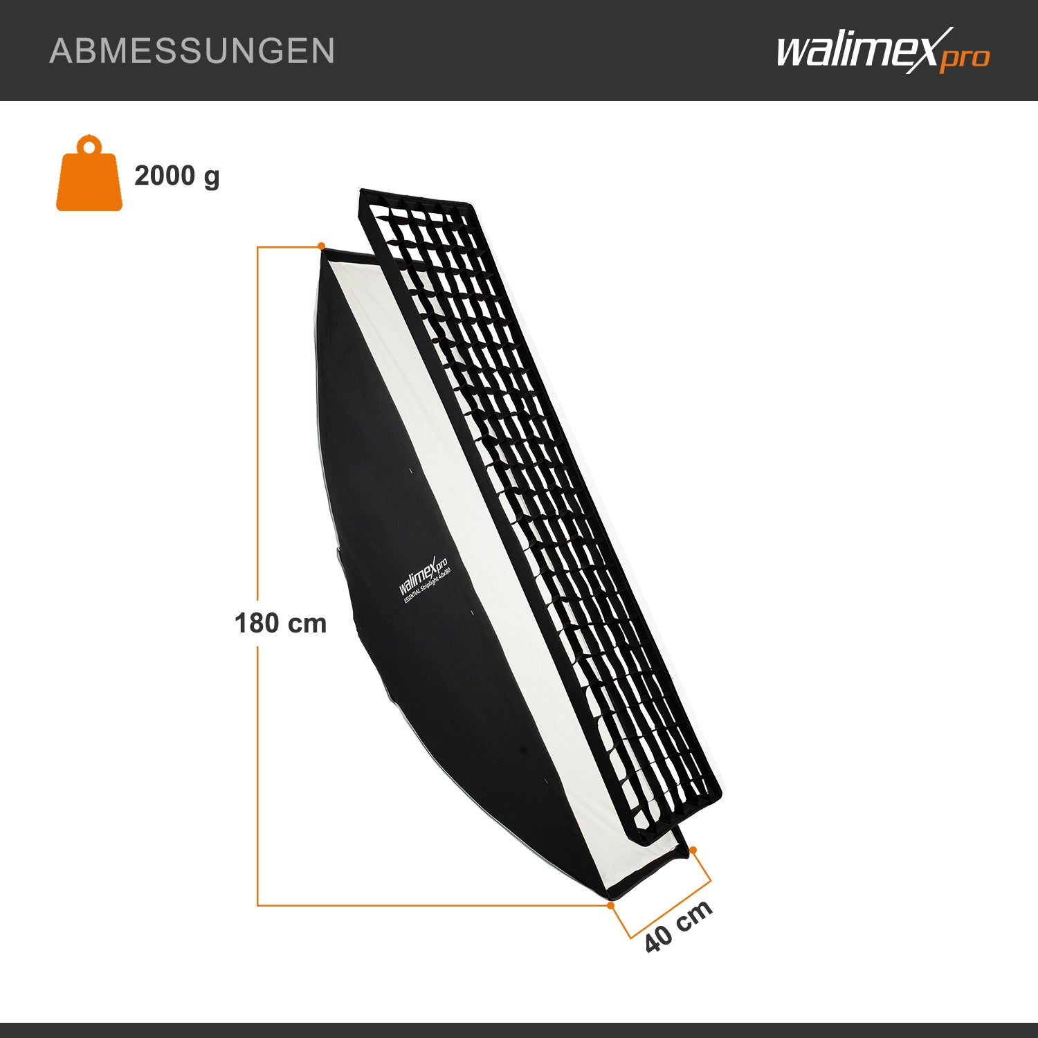 Essential Striplight Softbox 40x180cm + adattatore softbox per Profoto (diametro esterno: 15,2 cm), ruotabile a 360°, facile da montare, griglia inclusa