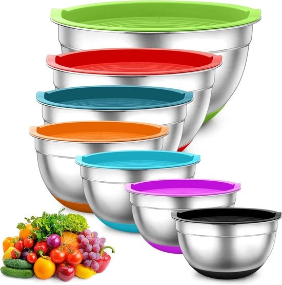 Set di contenitori in acciaio inossidabile 7 pezzi - con coperchio ermetico e fondo in silicone - ripiegabile e lavastoviglie - 07 l / 12 l / 15 l / 25 l / 28 l / 35 l / 65 l - set di contenitori per cucina