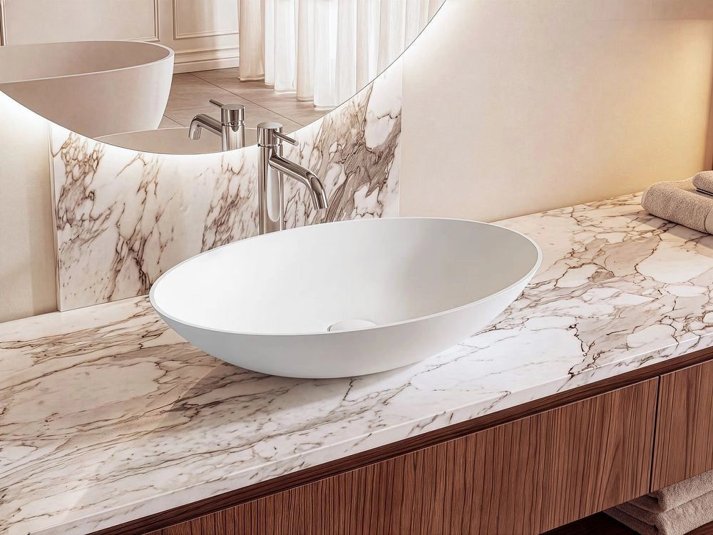 Lavabo da appoggio in superficie solida, forma ovale, da appoggio bianco raffinata