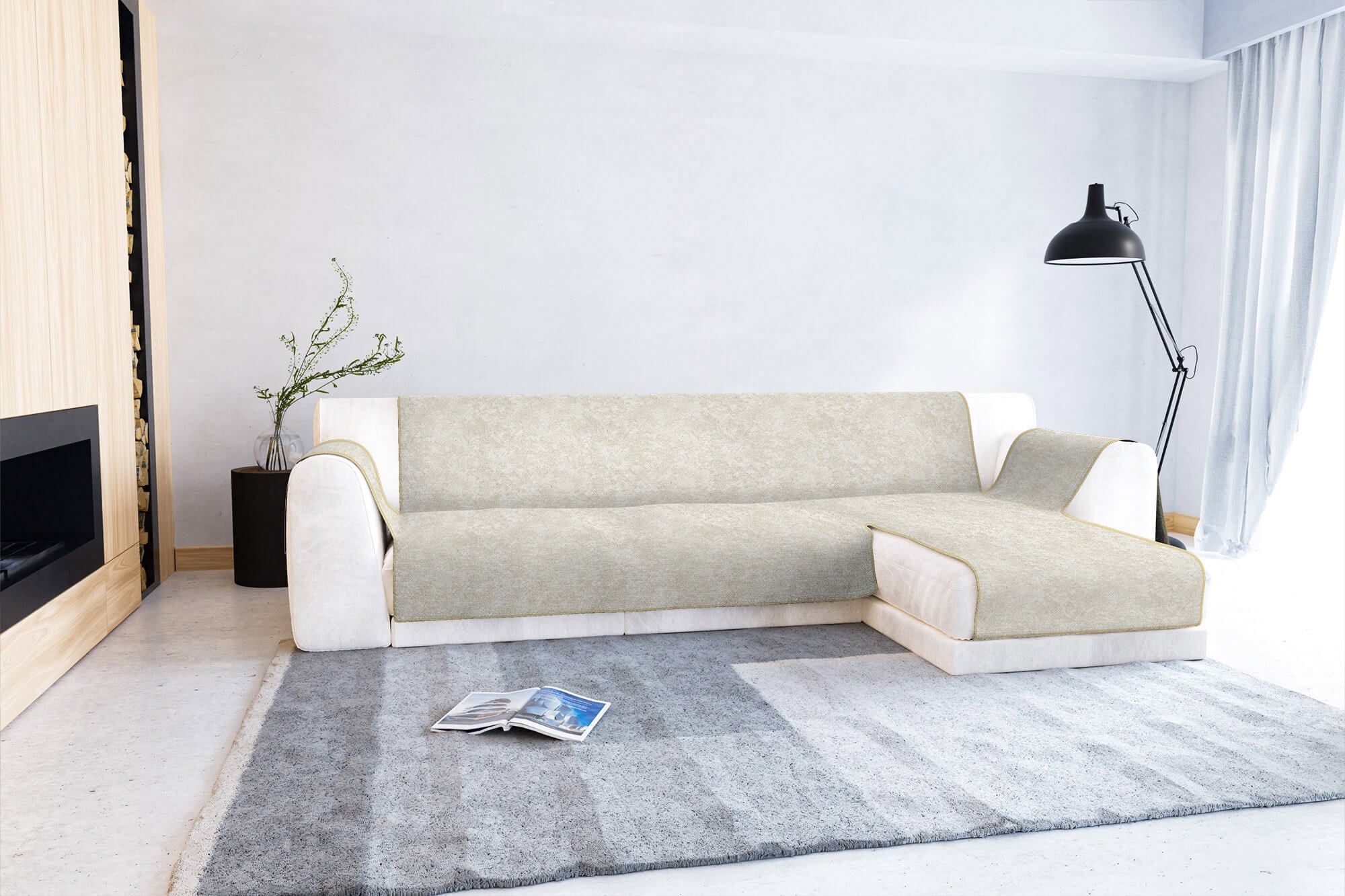 Copridivano con Penisola Destra Seduta 290 cm in Poliestere e Cotone Panna