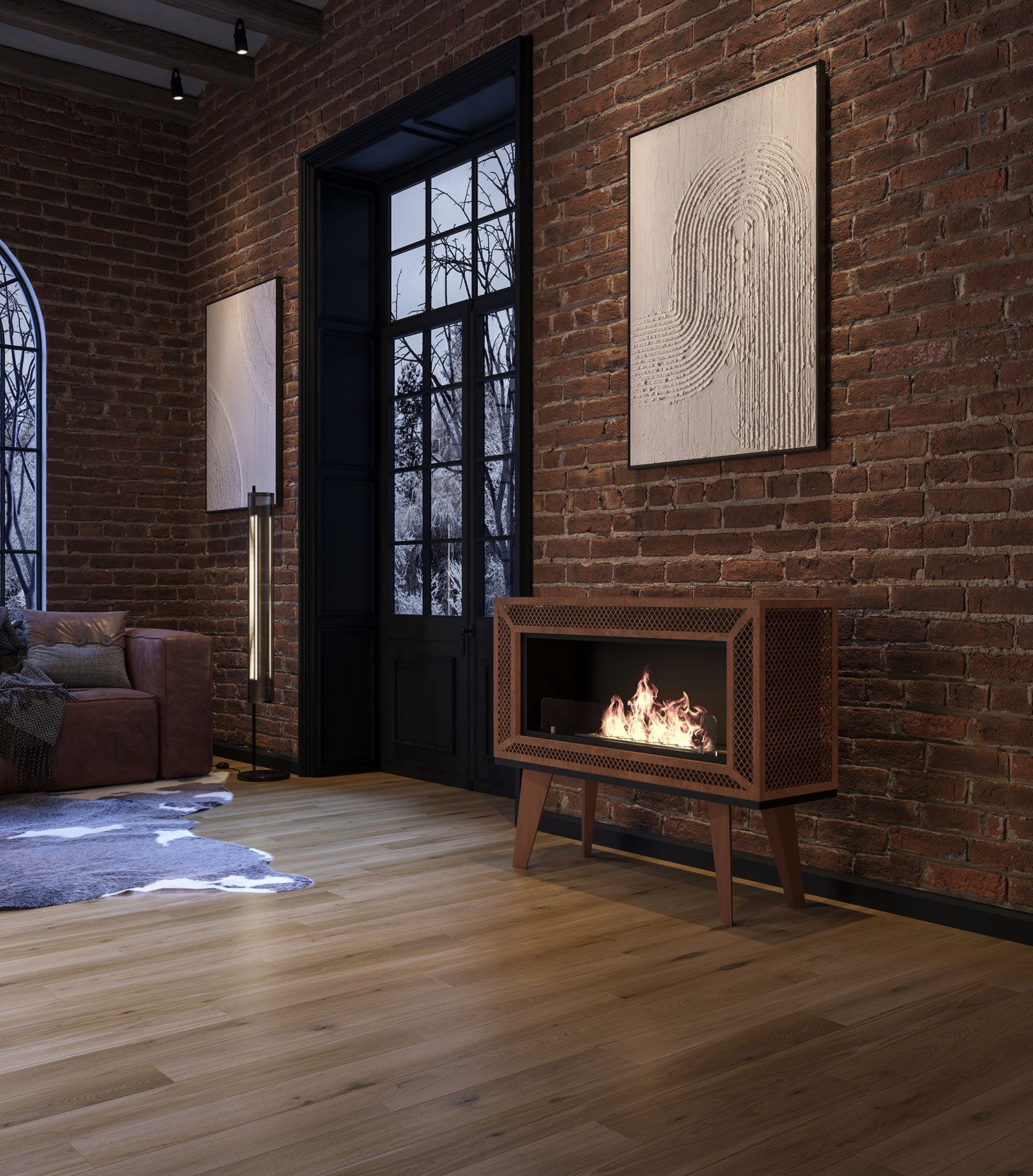 Camino a Bioetanolo da Pavimento 100x47 cm Industrial Marrone con Vetro