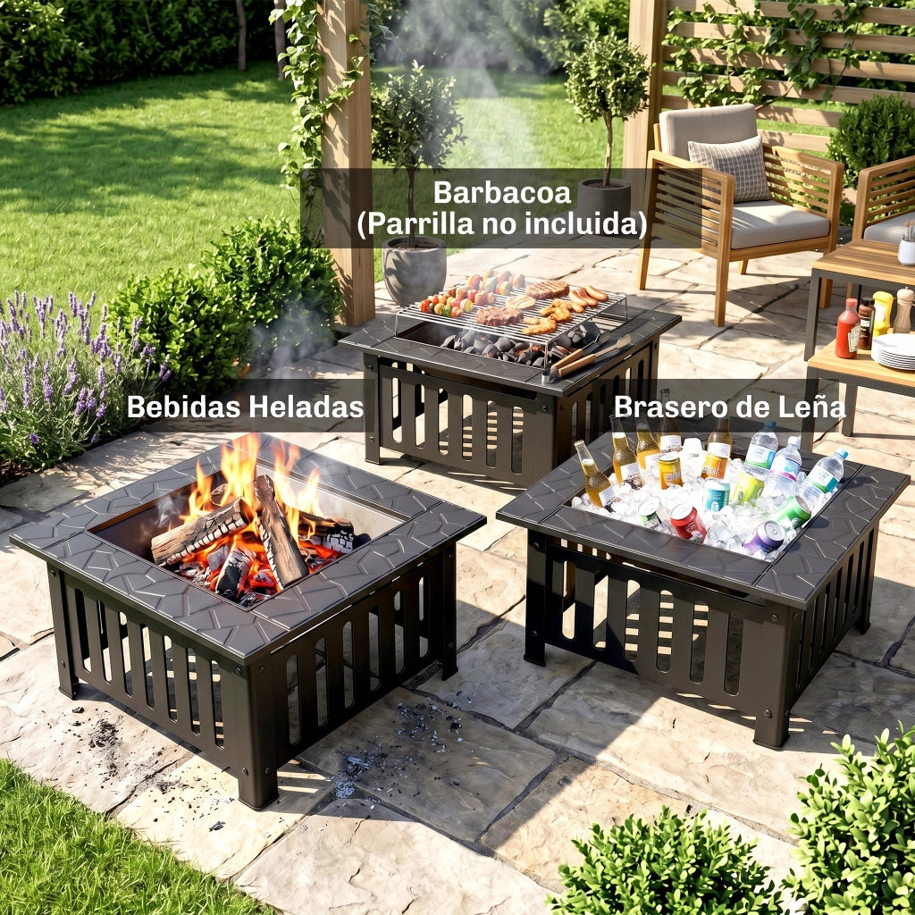 Braciere Quadrato da Giardino ¨C Xylo ¨C Acciaio Nero 67x67x47 cm con Attizzatoio e Coperchio