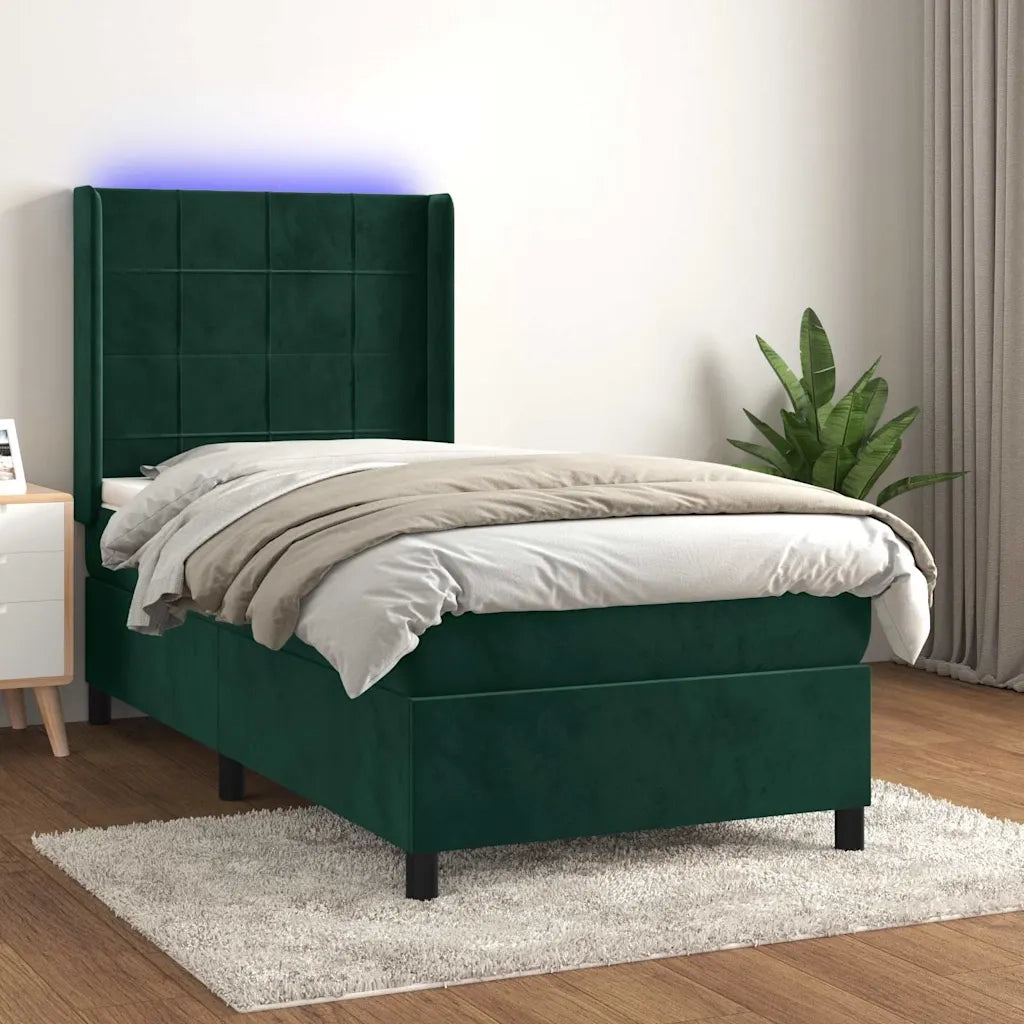 Letto a Molle con Materasso e LED Verde Scuro 100x200cm Velluto 3139550