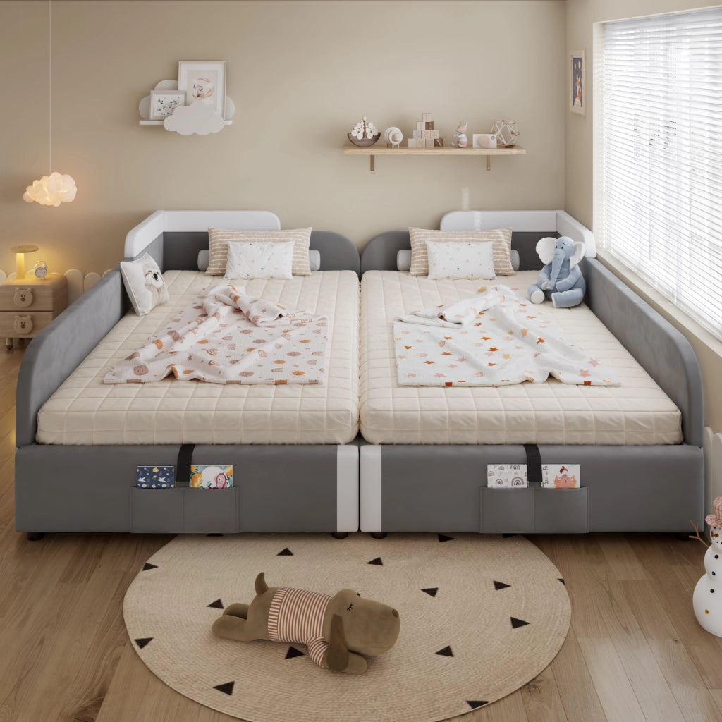 OKWISH Letto Combinato 90×200 cm ×2, Letto Doppio per Bambini con Vano Contenitore Idraulico, Tasca Portaoggetti e Spondina Imbottita, senza Materasso, Grigio