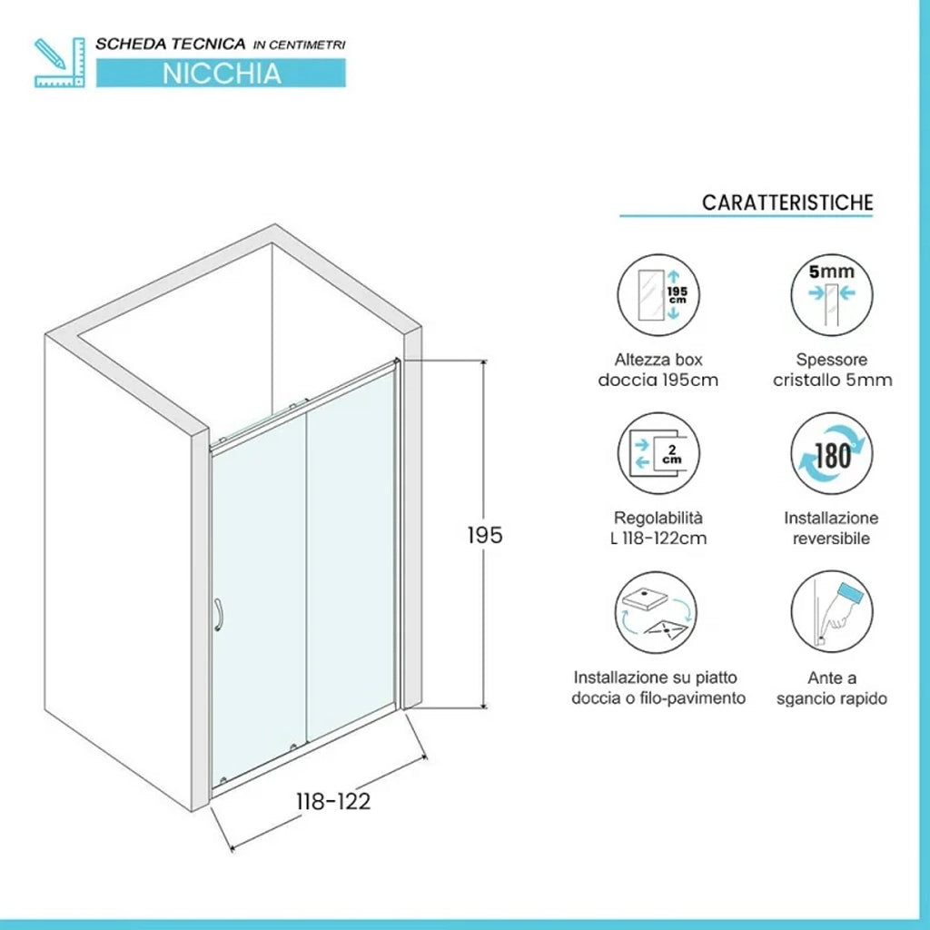 Porta doccia nicchia 120cm in vetro temperato trasparente scorrevole con profilo bianco Tay