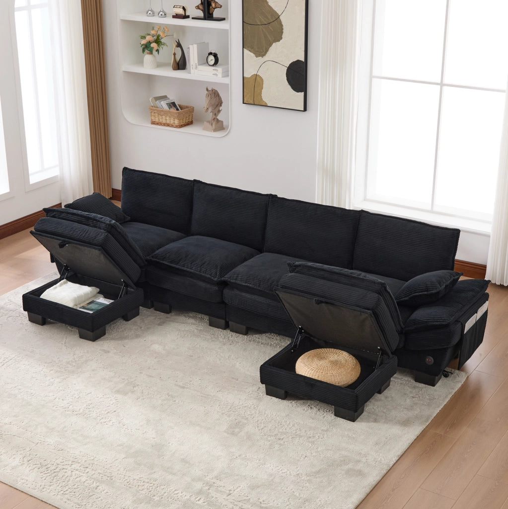Divano modulare 4 posti con 2 pouf; USB-C; in corduroy nero; 330x132x84 cm
