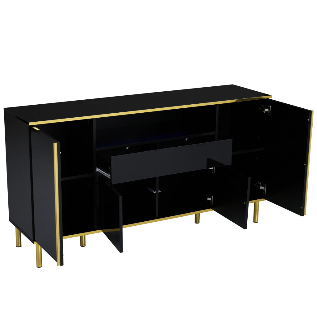 Credenza a 4 ante con 1 cassetto e LED, finitura nero lucido con dettagli dorati e vano capiente 150 × 40 × 80 cm