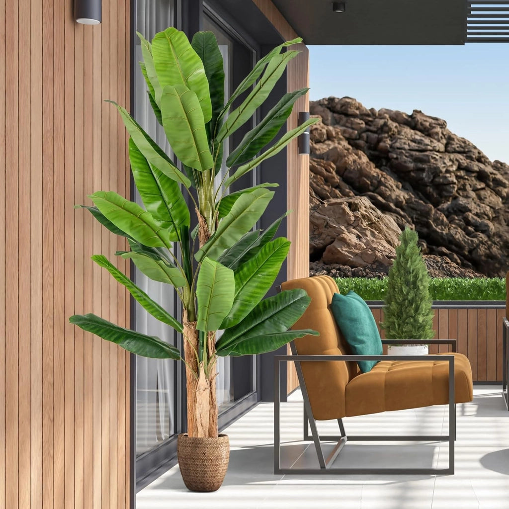 Albero di foglie di banana artificiale con vaso di fiori finti per decorazione interna, pianta tropicale, decorazione per ingresso, soggiorno, balcone, ufficio, 195 cm