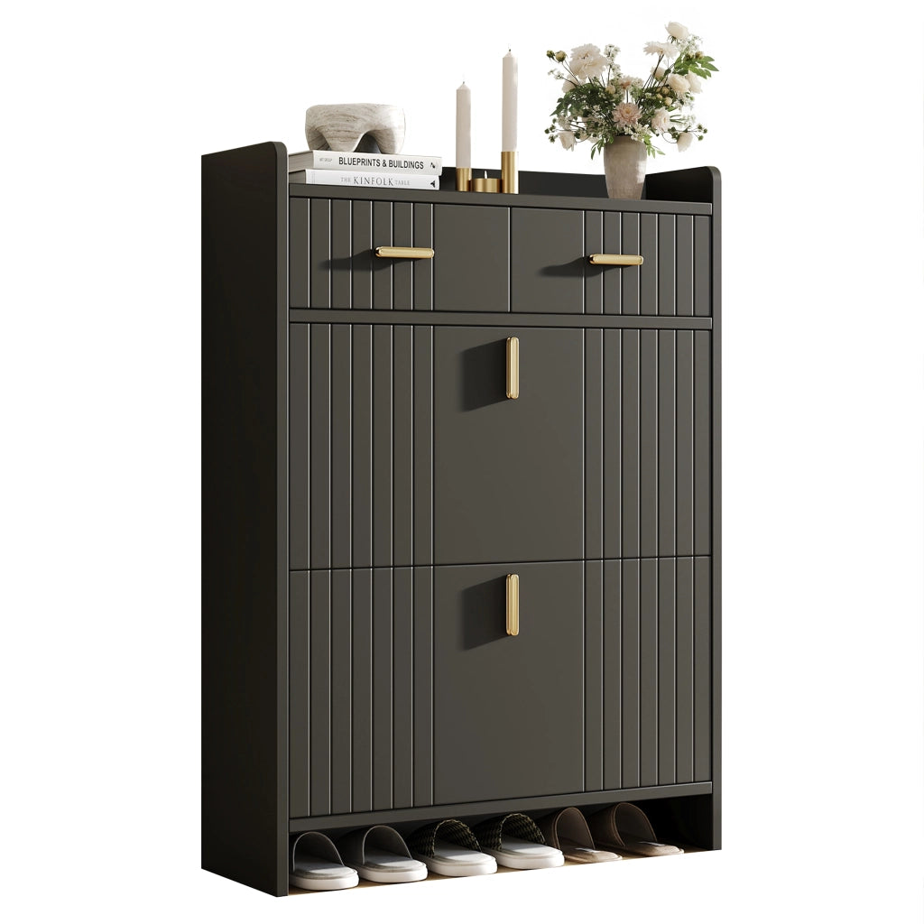 Scarpiera salvaspazio con 2 ante a ribalta, 1 cassetto e vano aperto, nero, 75x24x108,5 cm