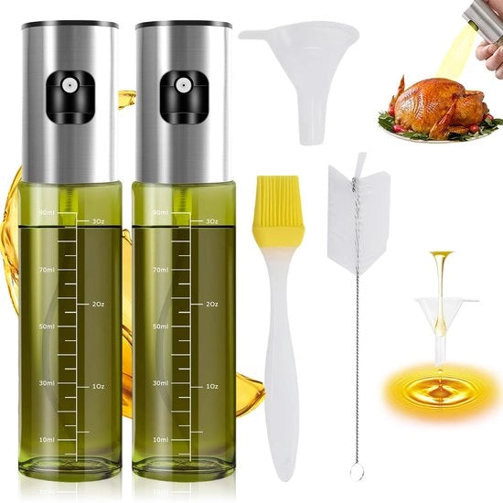 Set di 2 pennelli per olio da cucina, flacone pennello 100 ml, pennello per olio da cucina professionale 100% BPA libero, vetro UV protettivo verde, pennello per olio in acciaio inossidabile, pennello per olio per insalate, grigliate e cotture in cucina