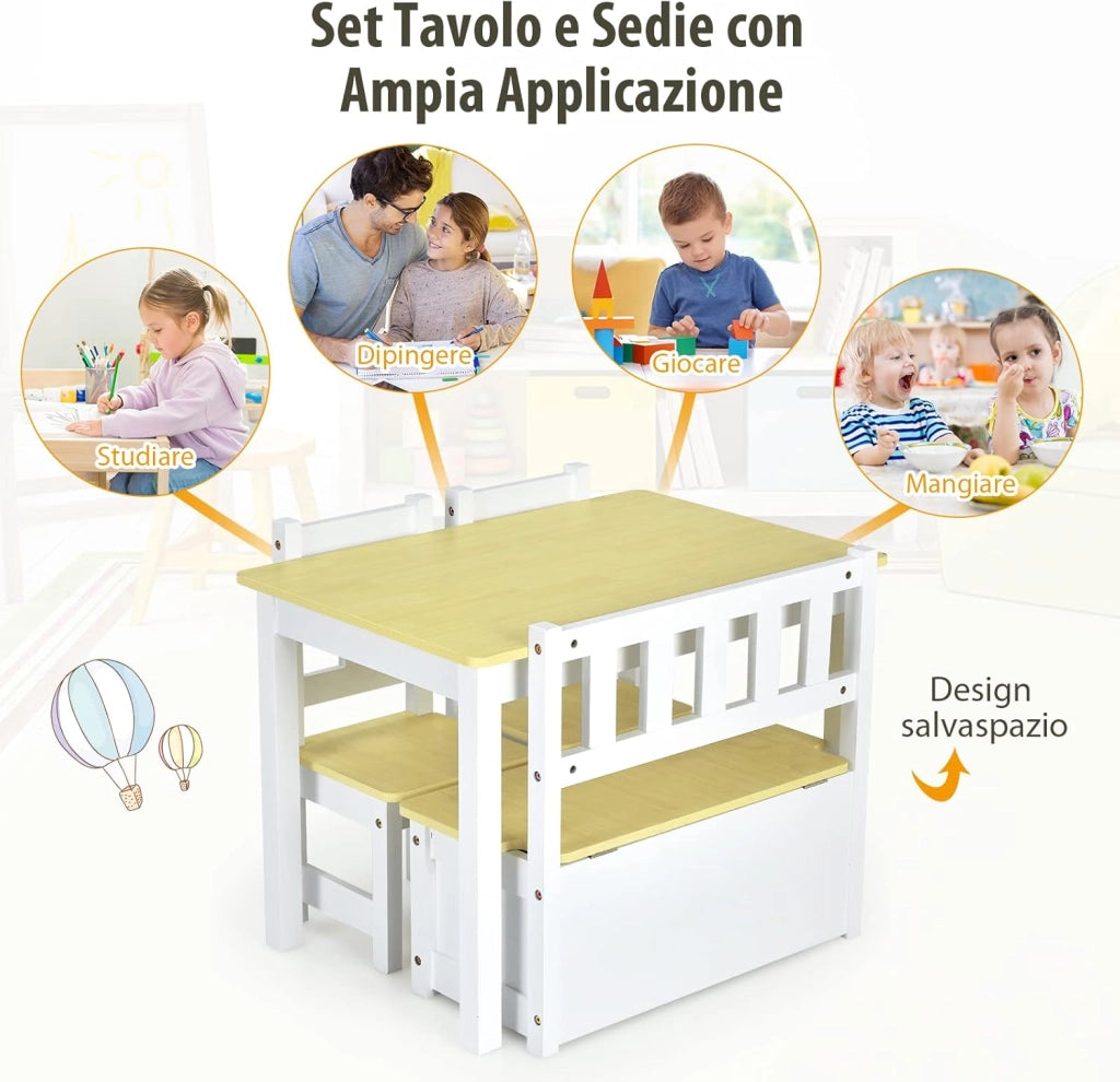 Set 4 Pezzi Tavolo e Sedie per Bambini, 2 in 1 Tavolino Attività di Legno per Bambini con 2 Sedie e 1 Panca, Per Bambini per Giocare Disegnare Leggere e Mangiare (Naturale)