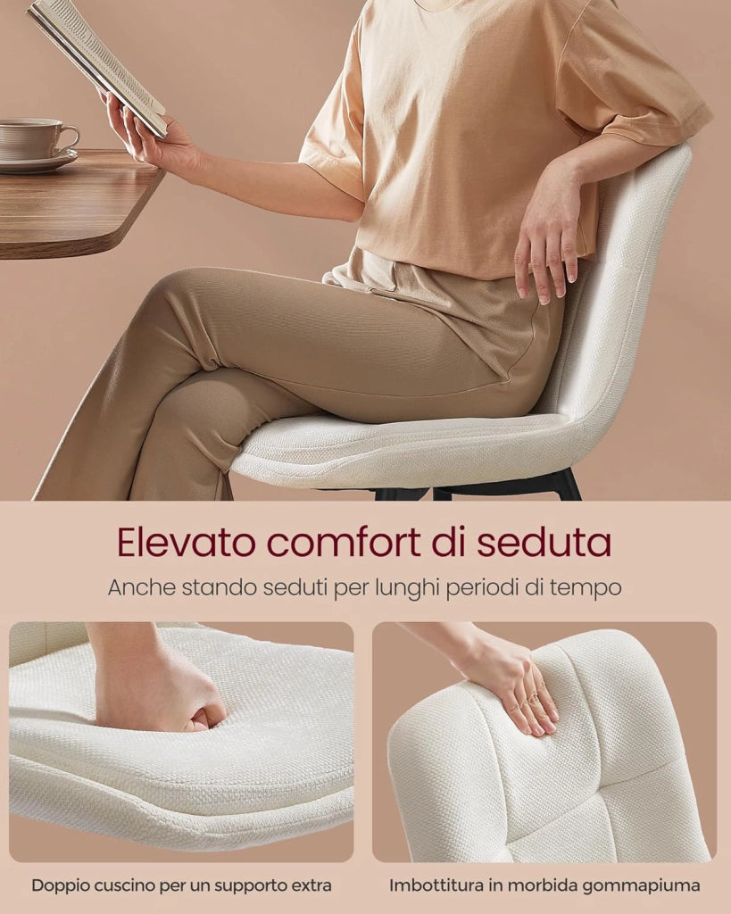 VASAGLE Set di 2 Sedie da Pranzo, Sedia da Cucina, Sedia Imbottita, Tessuto Chenille, Portata 120 kg, Doppio Cuscino, Gambe in Metallo, Moderno, per Sala da Pranzo, Cucina, Bianco Crema KDC151W01
