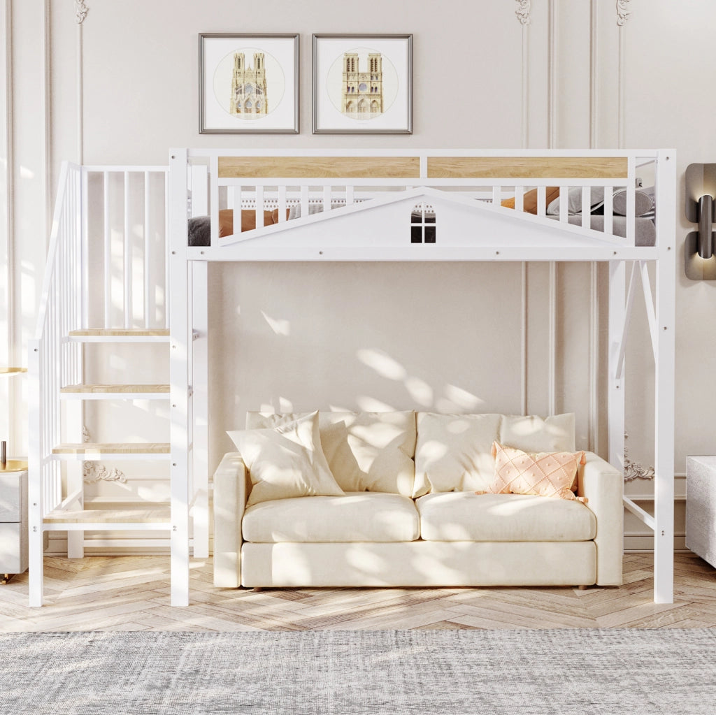 Letto a soppalco 90x200 cm con scala di sicurezza; metallo e legno