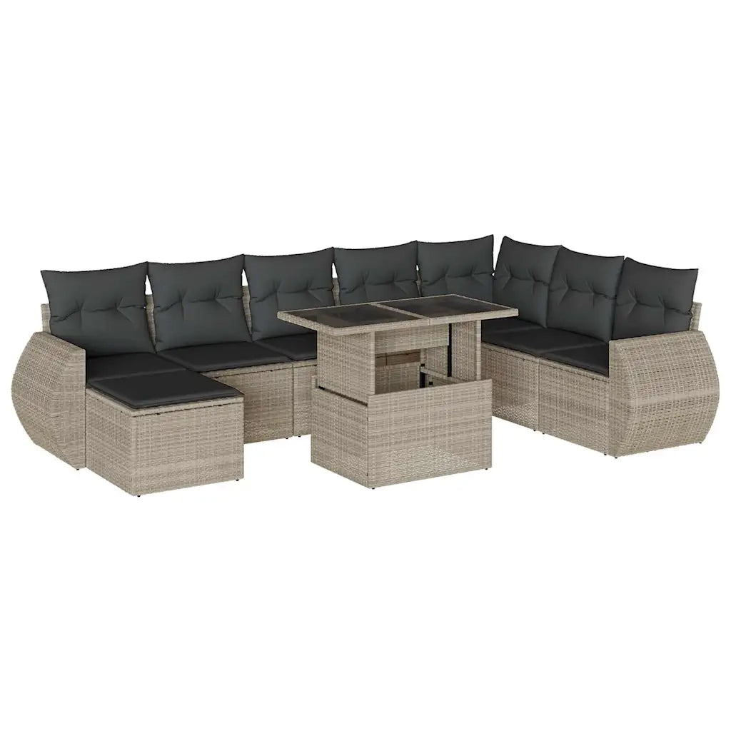 Set Divano da Giardino 9pz con Cuscini Grigio Chiaro Polyrattan
