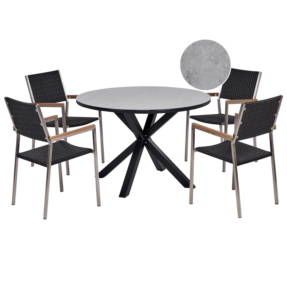 Set da pranzo da giardino Tavolo in alluminio grigio e nero Piano in vetro ceramico Sedie in rattan PE Telaio in acciaio inox Arredo da esterno a 4 posti Moderno