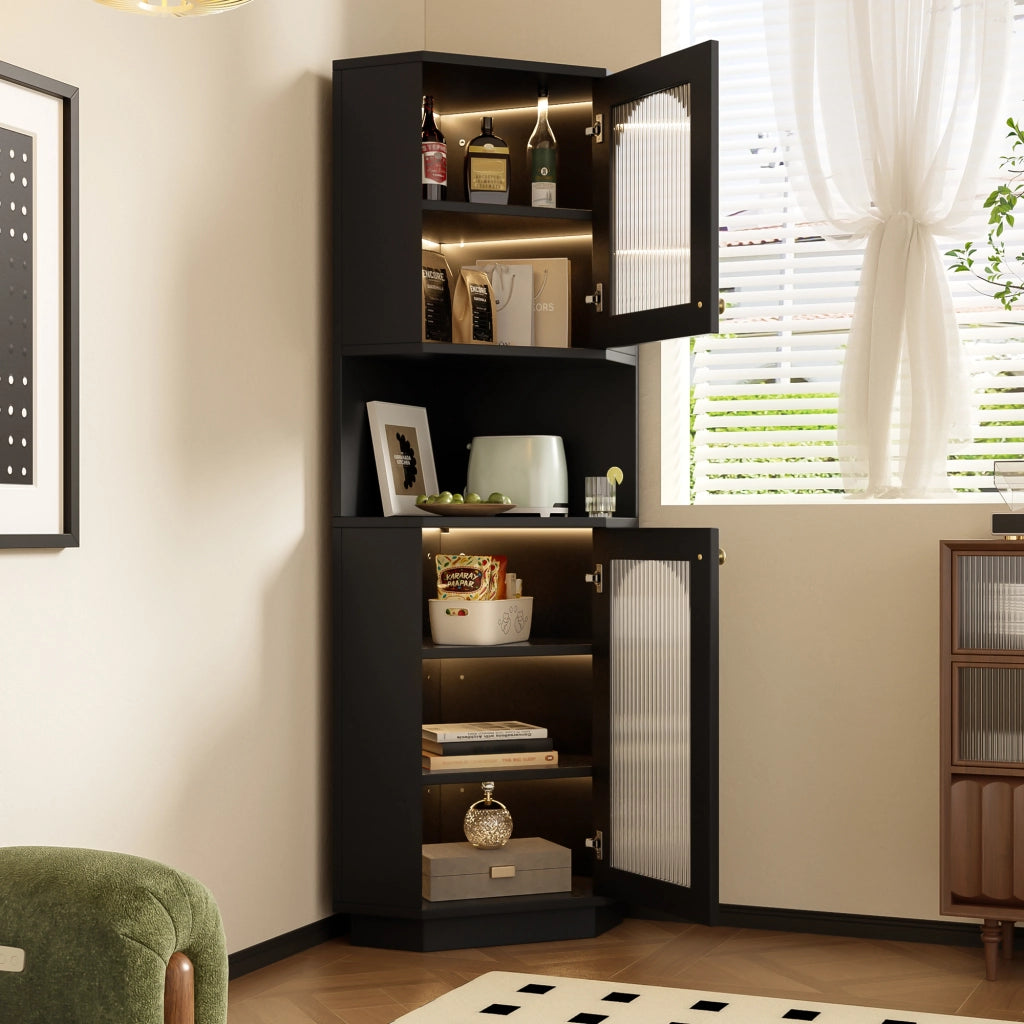 Armadietto da bagno angolare con LED e ripiani regolabili, 2 vani aperti, in MDF, nero, 45 × 45 × 166,5 cm