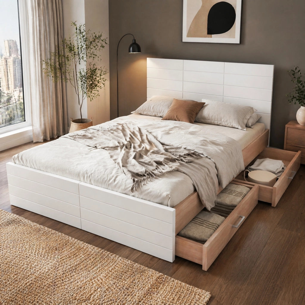 Letto matrimoniale 180x200 cm in legno con 2 cassetti, rete a doghe, bianco e quercia