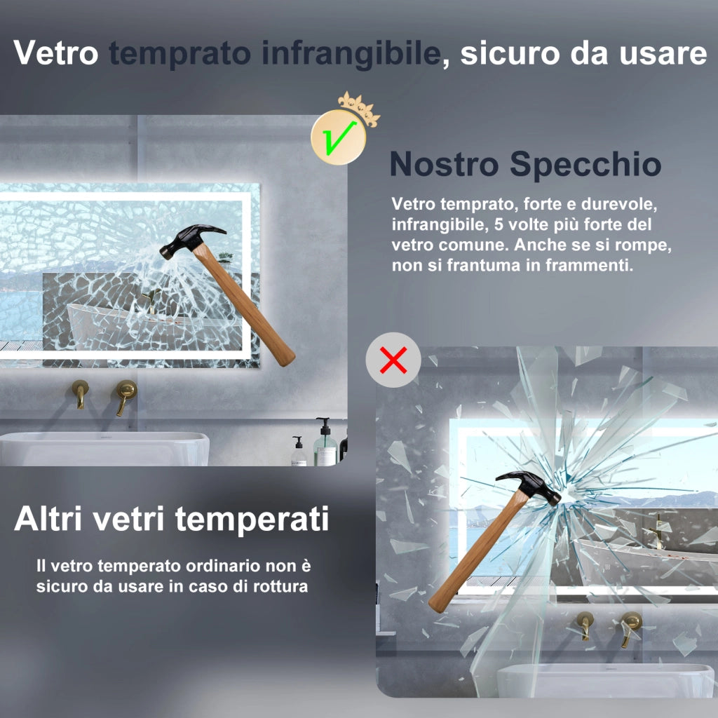 Specchio da bagno Rettangolare con 120x80cm,Memoria, Antifog,Regorabile,Retroilluminato,doppio interruttore,