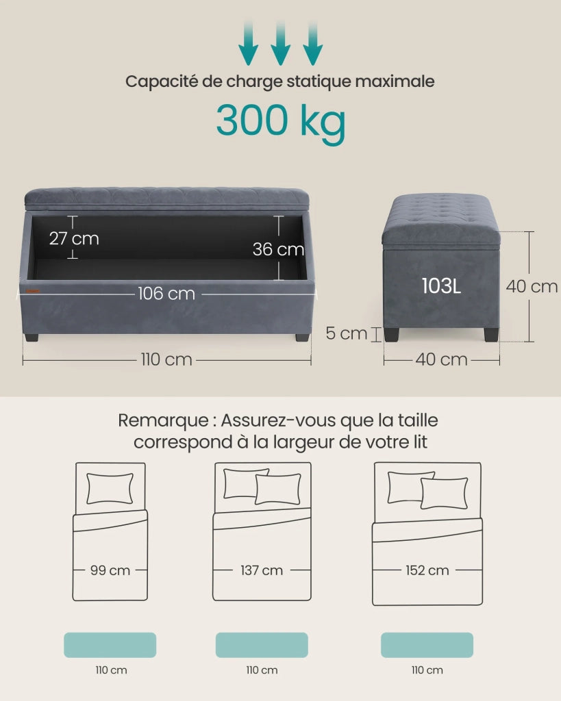 Pouf/pouf contenitore/poggiapiedi 40 x 110 x 40 cm testata letto cubica con contenitore portata fino a 300 kg per soggiorno camera da letto ingresso grigio 12_0007722