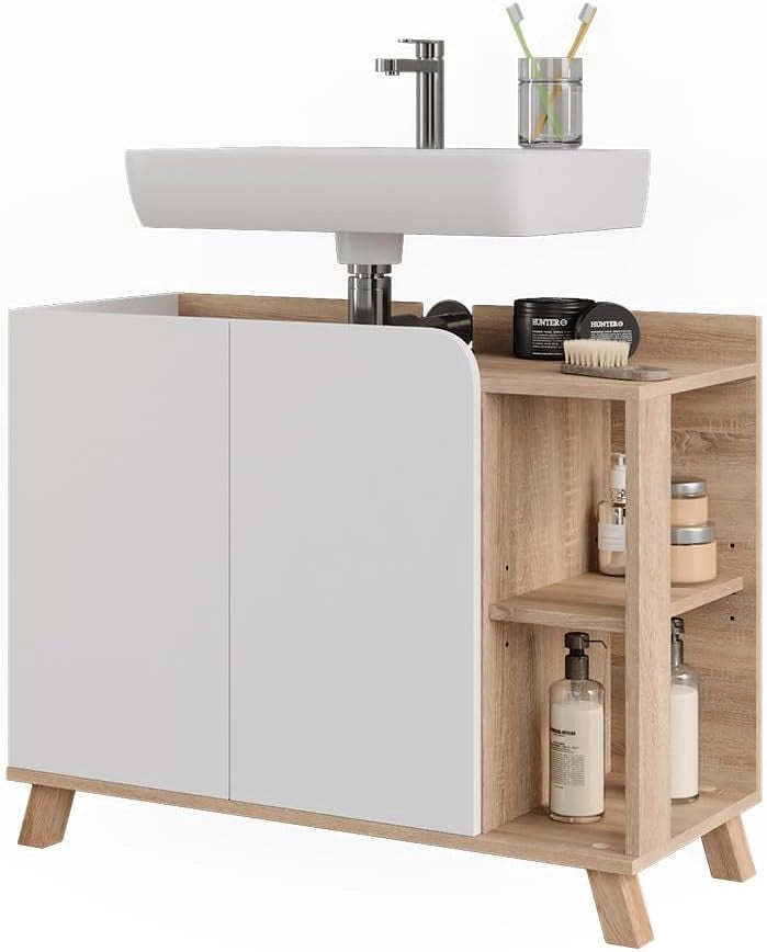 Mobiletto per lavabo Karen, Sonoma/Bianco, 80 x 65 cm con 2 porte, per una conservazione salvaspazio sotto il lavandino