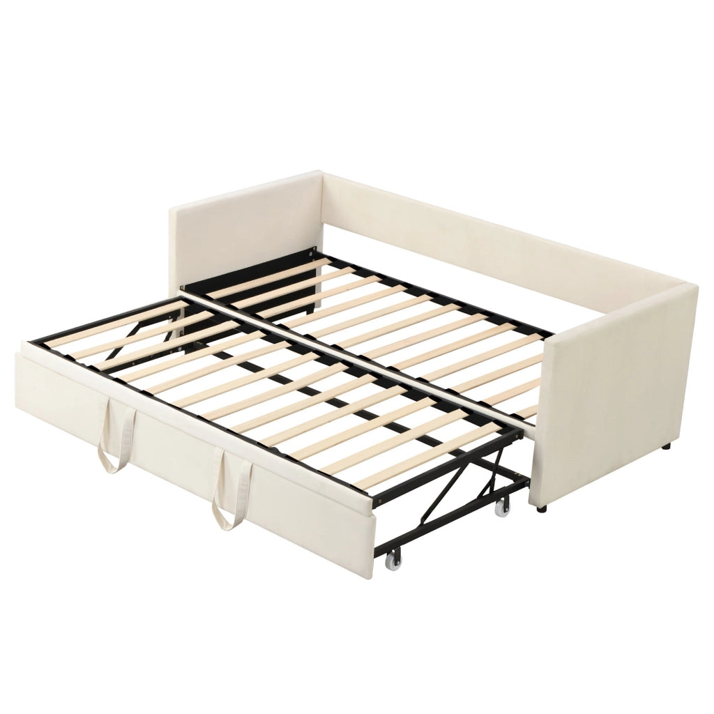 Divano‑letto multifunzione crema in velluto, meccanismo con ruote, montaggio veloce, divano trasformabile per appartamento