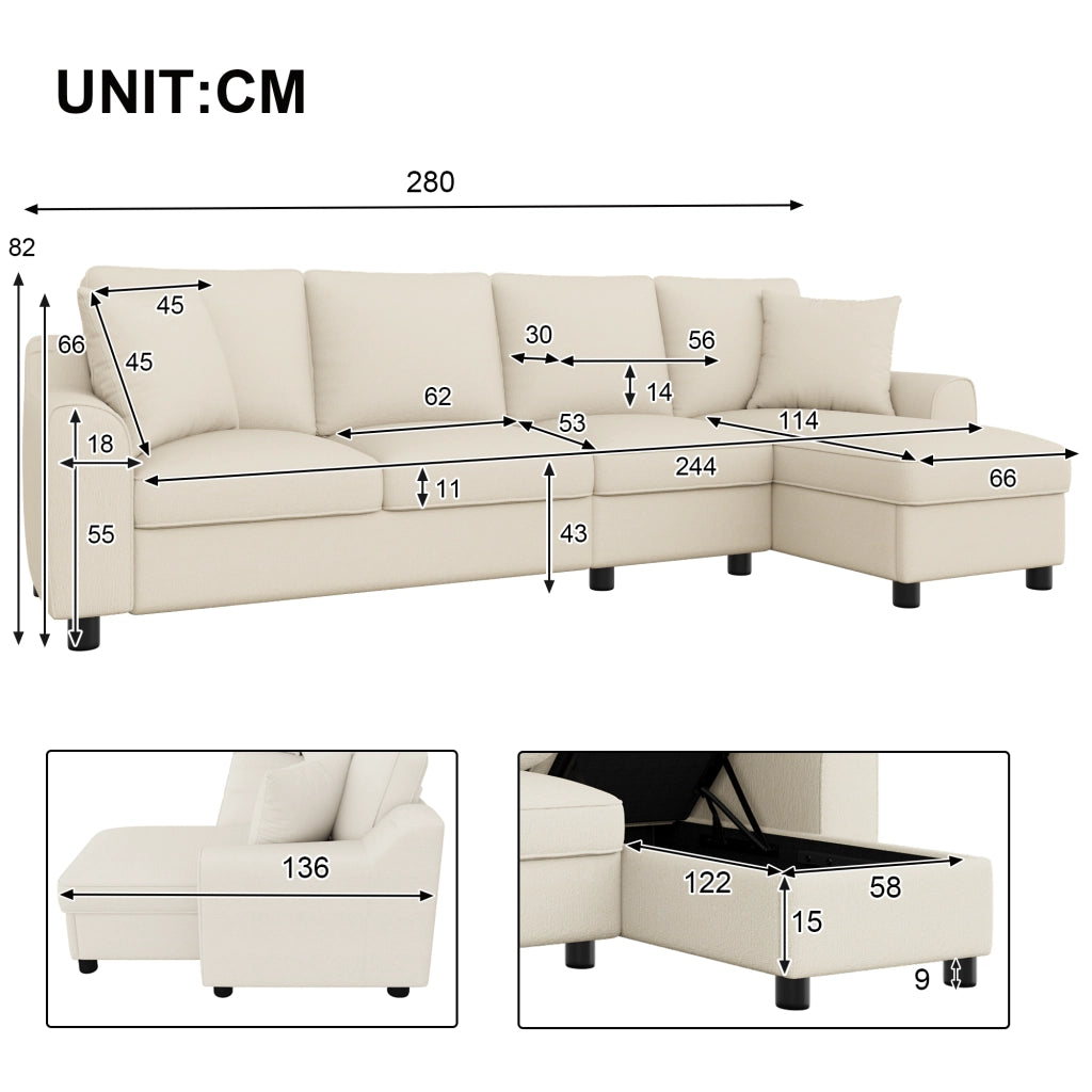 Divano angolare a L con chaise longue e vano contenitore, schienale ribaltabile con portabicchieri, in chenille beige
