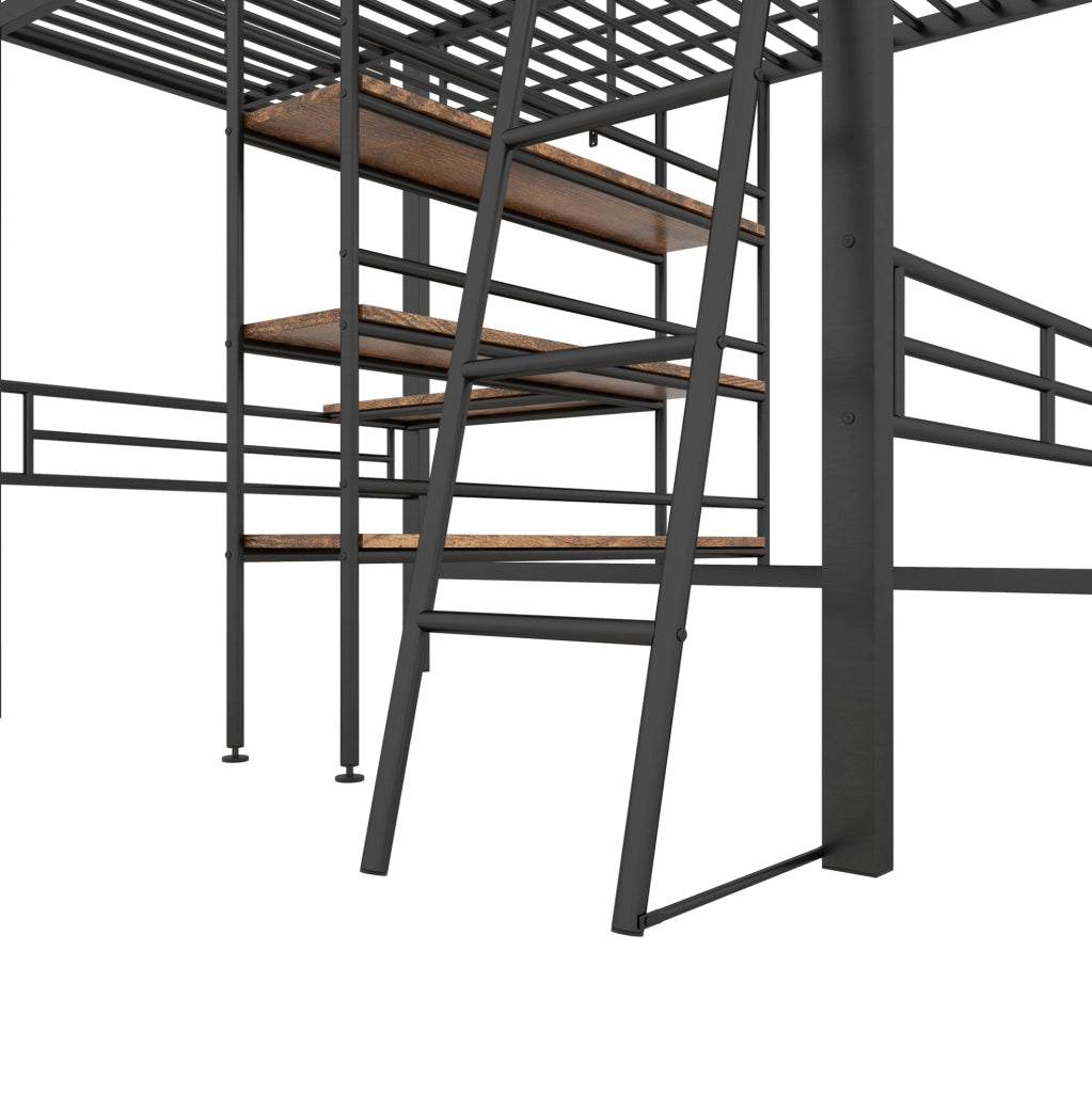 Letto a soppalco 90x200 cm nero in metallo con scrivania, scaffali e scala