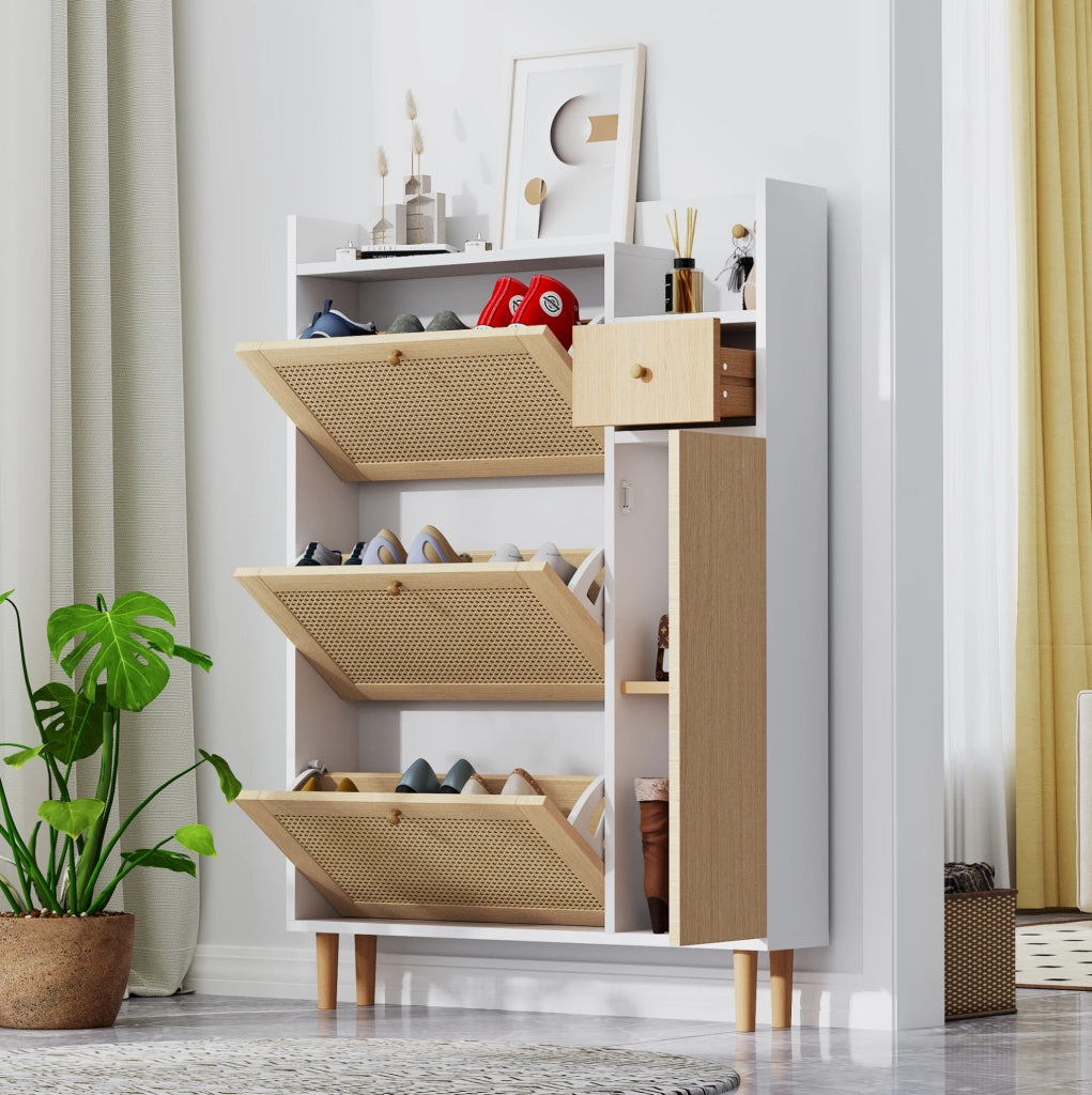 Scarpiere compatta in MDF con ante a ribalta, cassetto e struttura effetto naturale e bianco