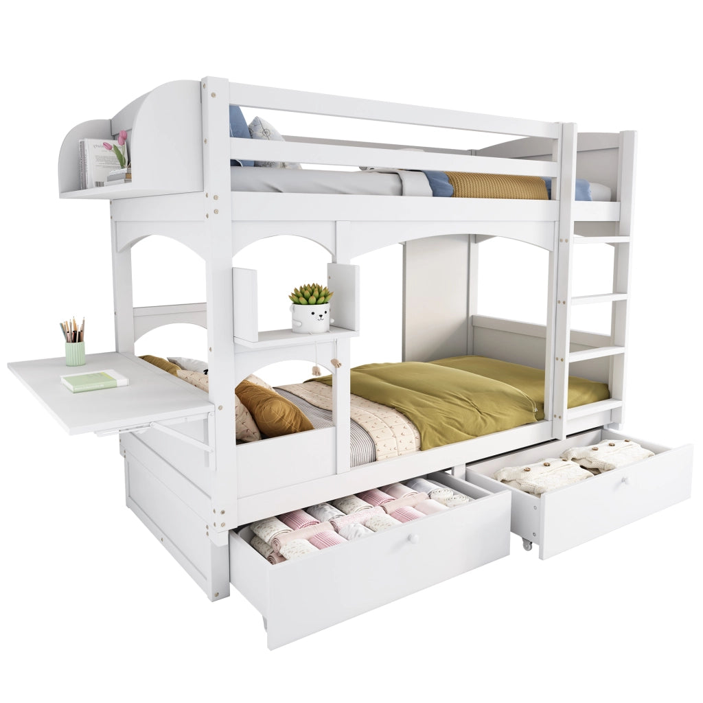 LETTO A CASTELLO con scrivania pieghevole, scaffale e 2 cassetti 90x200 cm Bianco