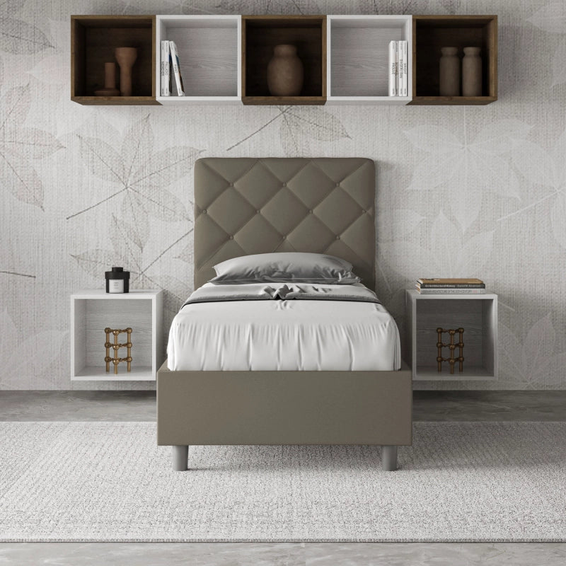 Letto imbottito Singolo 80x190 cm Priya - Similpelle,Cappuccino,Contenitore