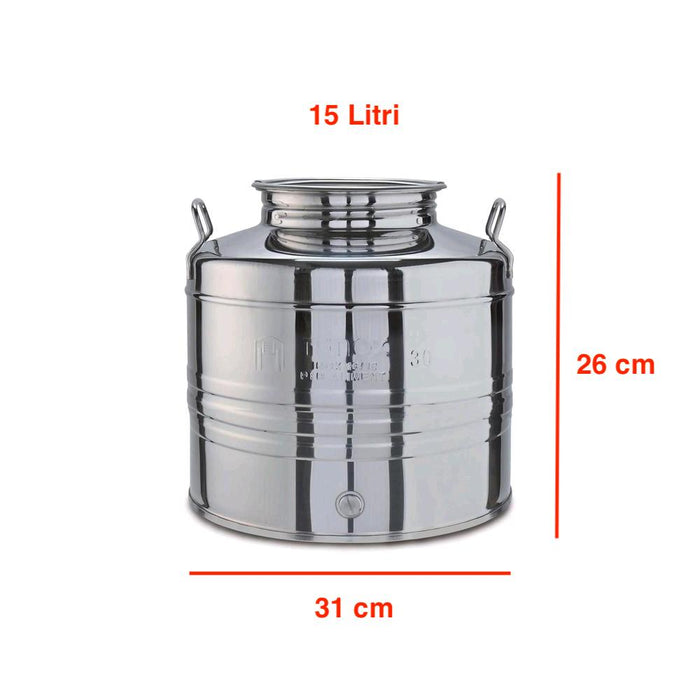 Contenitore Bidone Fusto In Acciaio Inox per Olio 15 Litri con Rubinetto e Supporto Portafusto