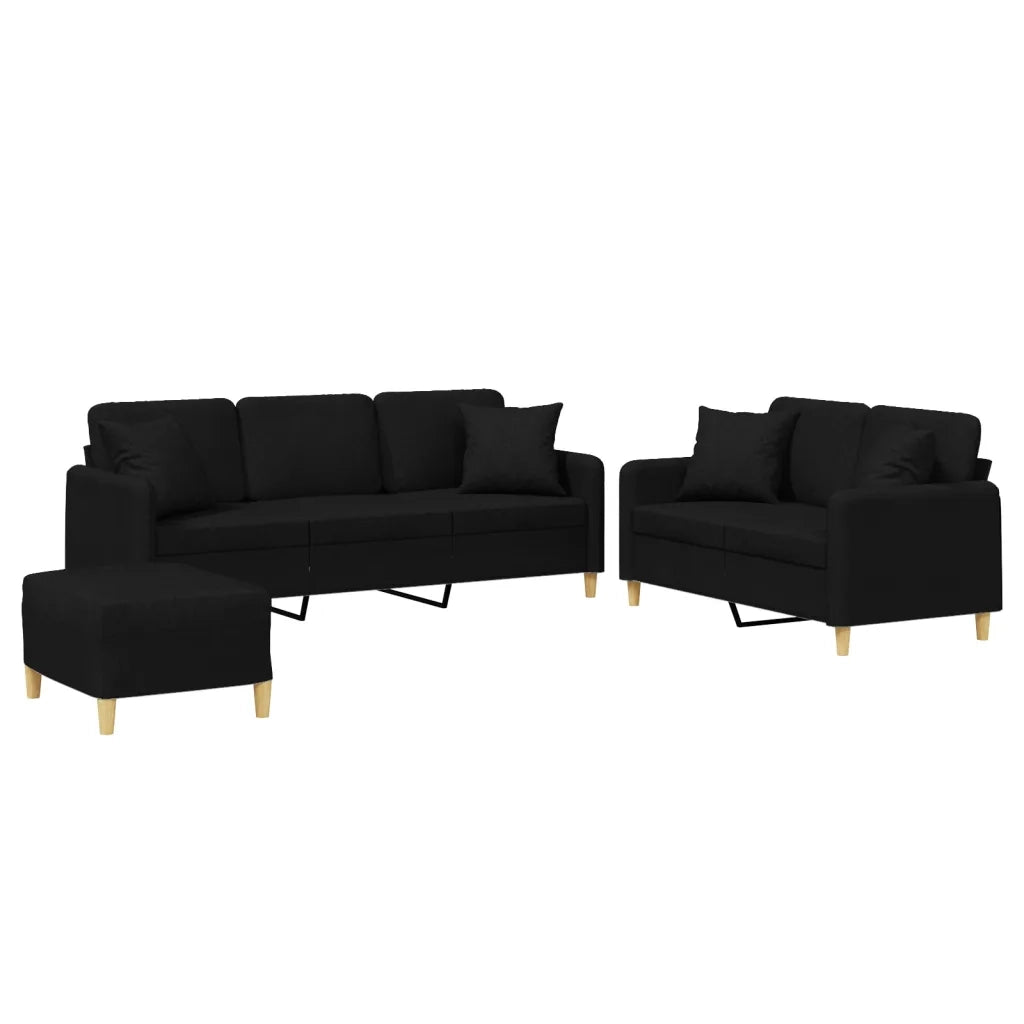 Set Divani 3 pz con Cuscini Nero in Tessuto