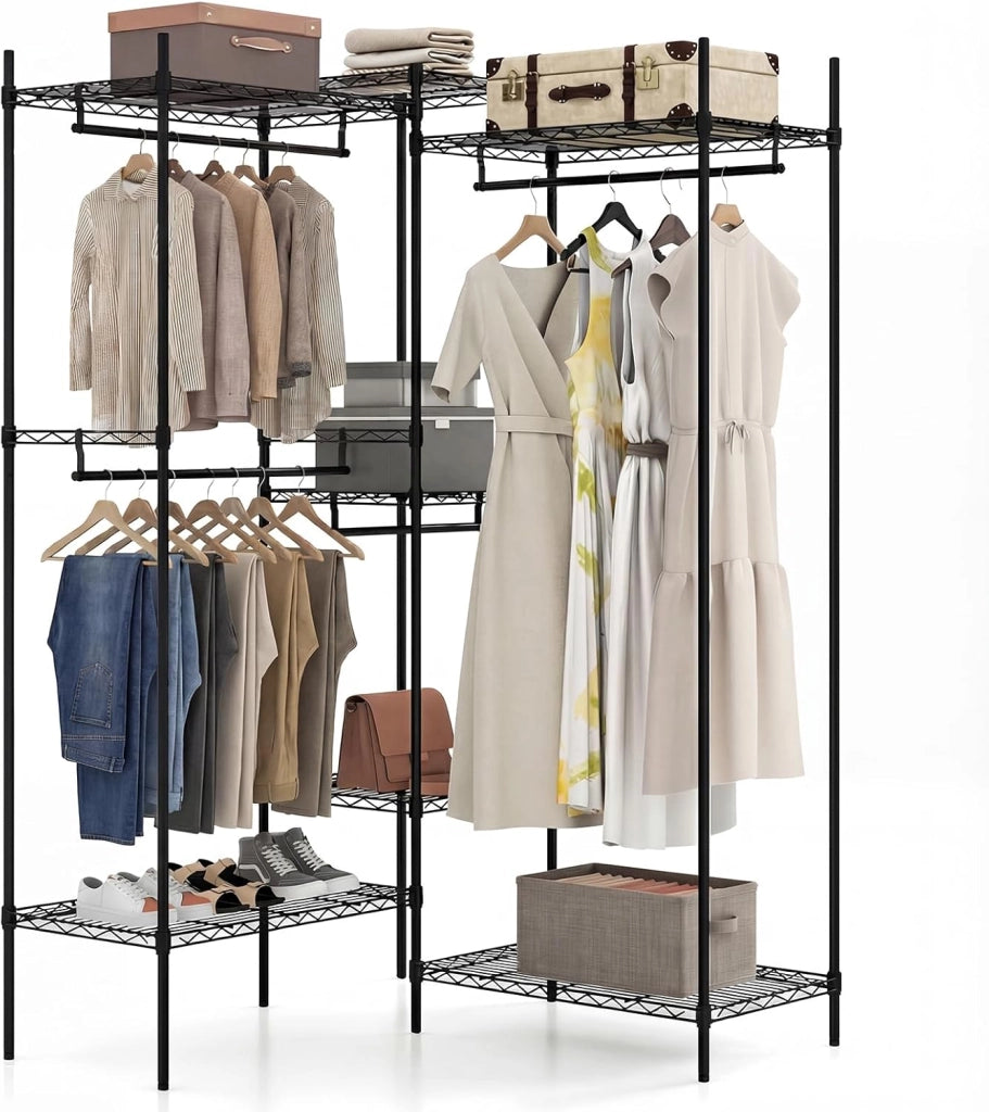 Stand Appendiabiti, Mobile Convertibile per Abiti con Installazione a L e Orizzontale, Appendiabiti con 7 Ripiani Regolabili in Filo Metallico e 4 Bastoni Appendiabiti, Portata 530 kg (Bianco)
