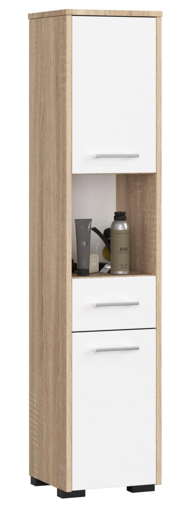 Colonna da bagno AKORD FIN Sonoma Quercia 30 cm 2 ante 1 cassetto inserto frontale Bianco 30x30x140 cm