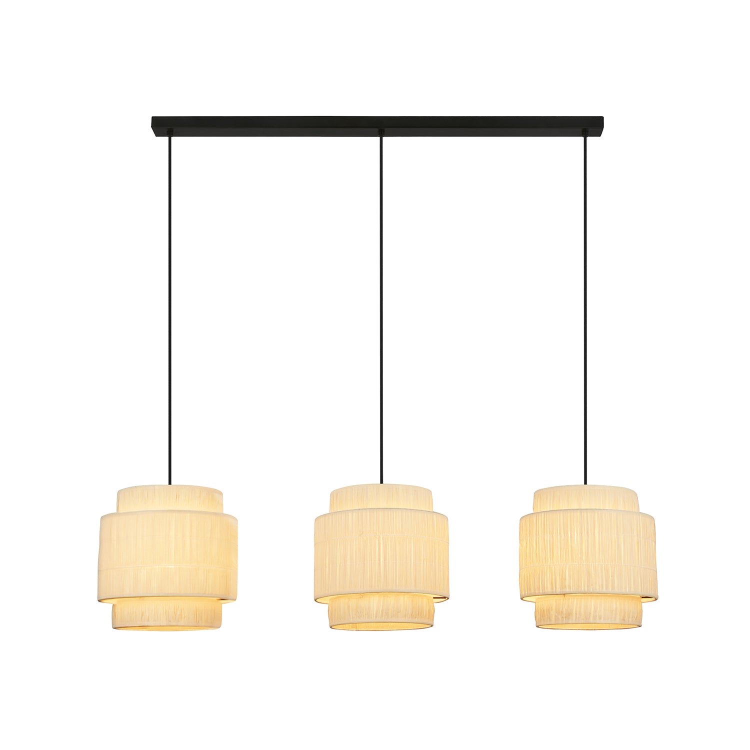 Lampadario Vintage Papper Rafia Naturale Metallo Nero 3 Luci E27