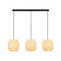 Lampadario Vintage Papper Rafia Naturale Metallo Nero 3 Luci E27