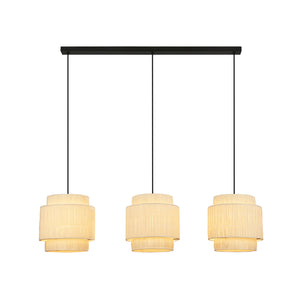 Lampadario Vintage Papper Rafia Naturale Metallo Nero 3 Luci E27