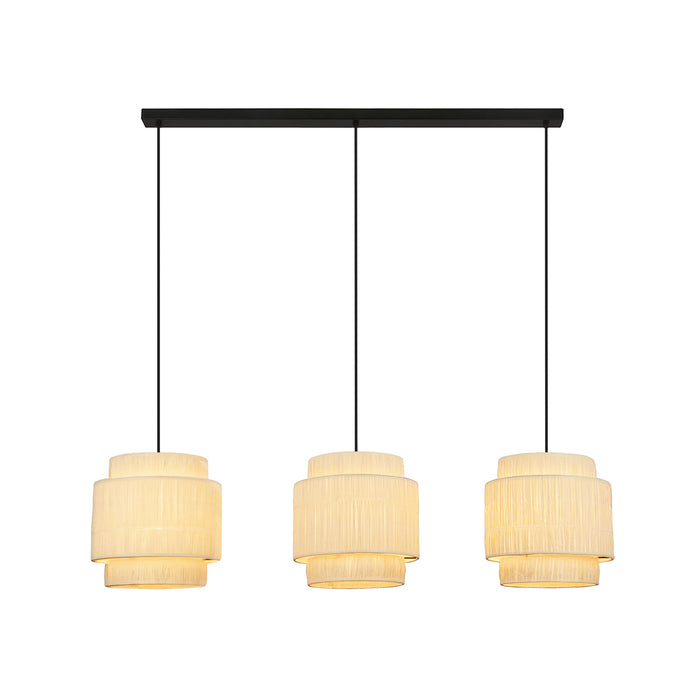 Lampadario Vintage Papper Rafia Naturale Metallo Nero 3 Luci E27